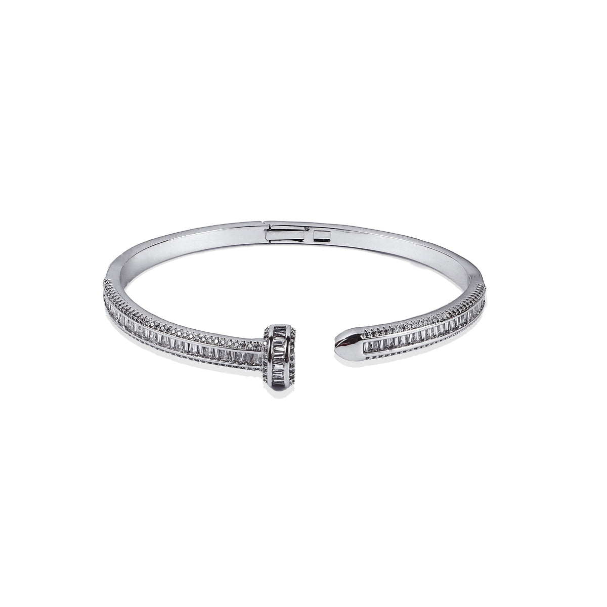 Diamond-studded white gold open bangle bracelet with minimalist design – handcrafted fine jewellery by Atelier Maharanibagh.