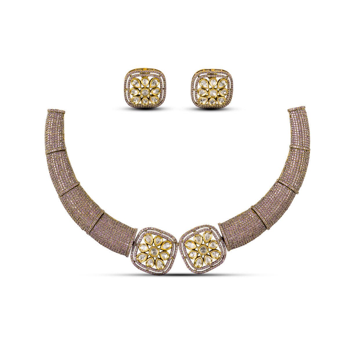 Gold kundan choker necklace set with square floral motifs and matching earrings – handcrafted luxury jewellery by Atelier Maharanibagh.