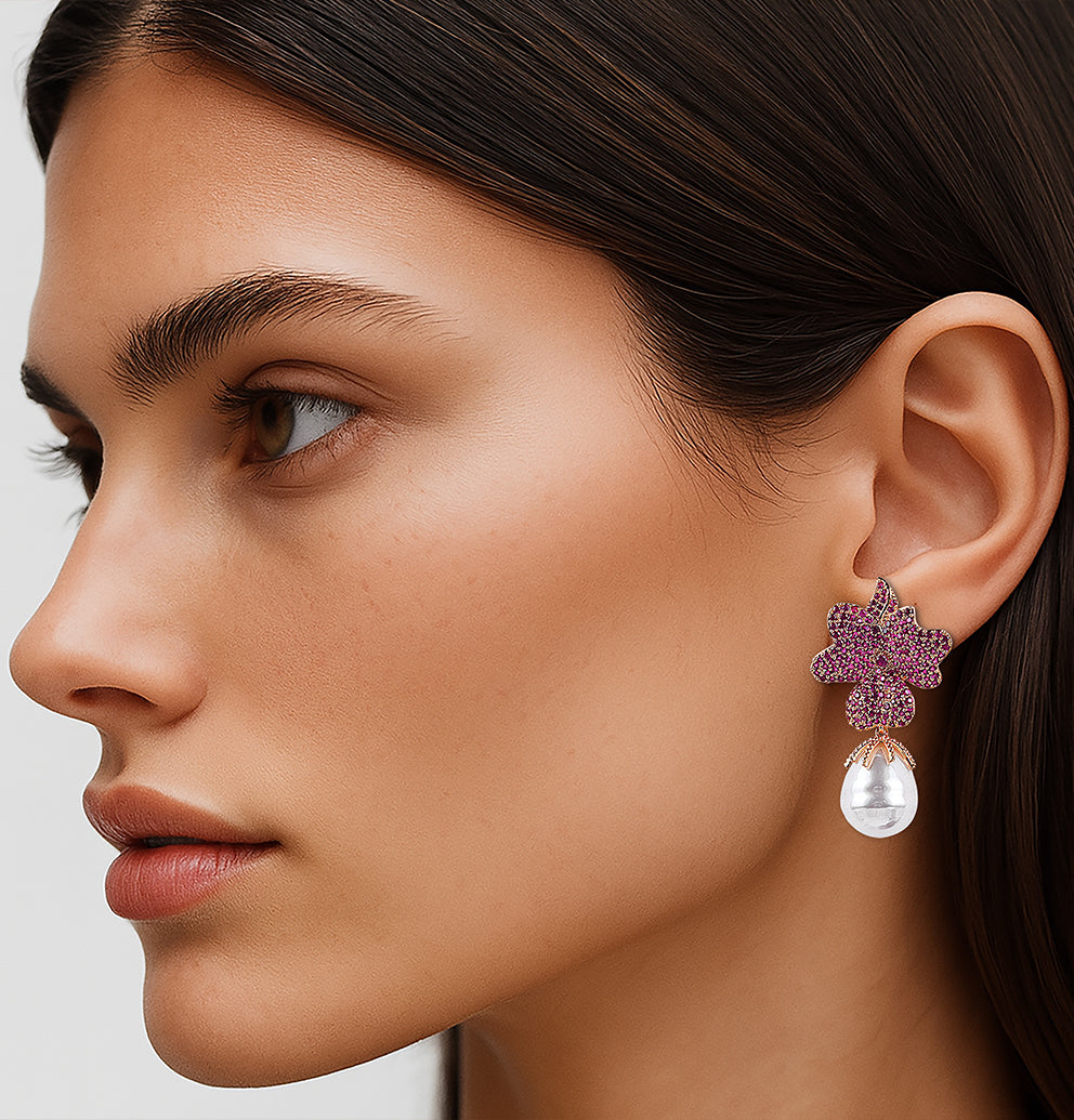 Demi Pearl Earrings in Ruby Crystals