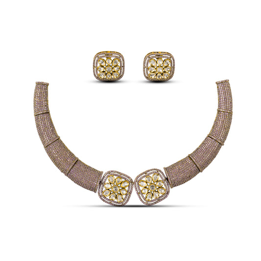 Gold kundan choker necklace set with square floral motifs and matching earrings – handcrafted luxury jewellery by Atelier Maharanibagh.