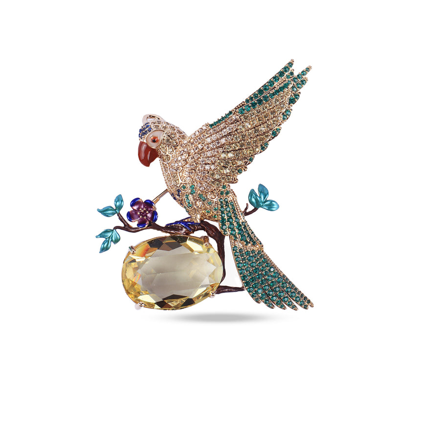 Golden Parrot Crystal Brooch