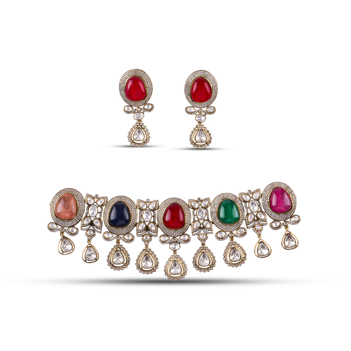 Navratna choker necklace set featuring nine gemstones in kundan setting with matching earrings – handcrafted royal jewellery by Atelier Maharanibagh.