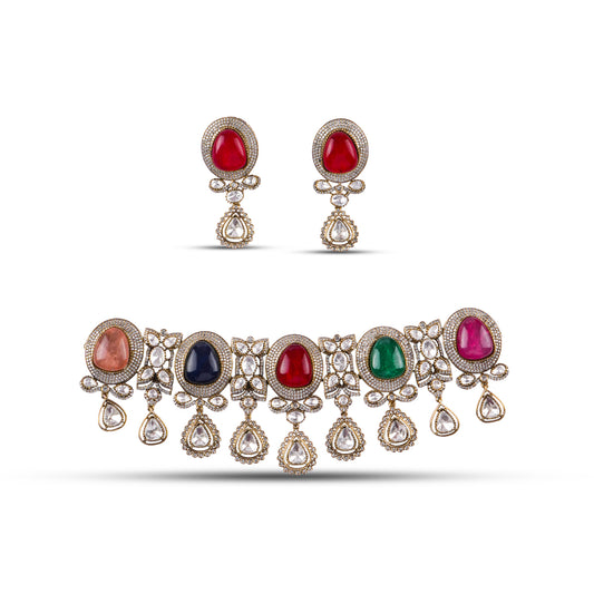 Navratna choker necklace set featuring nine gemstones in kundan setting with matching earrings – handcrafted royal jewellery by Atelier Maharanibagh.