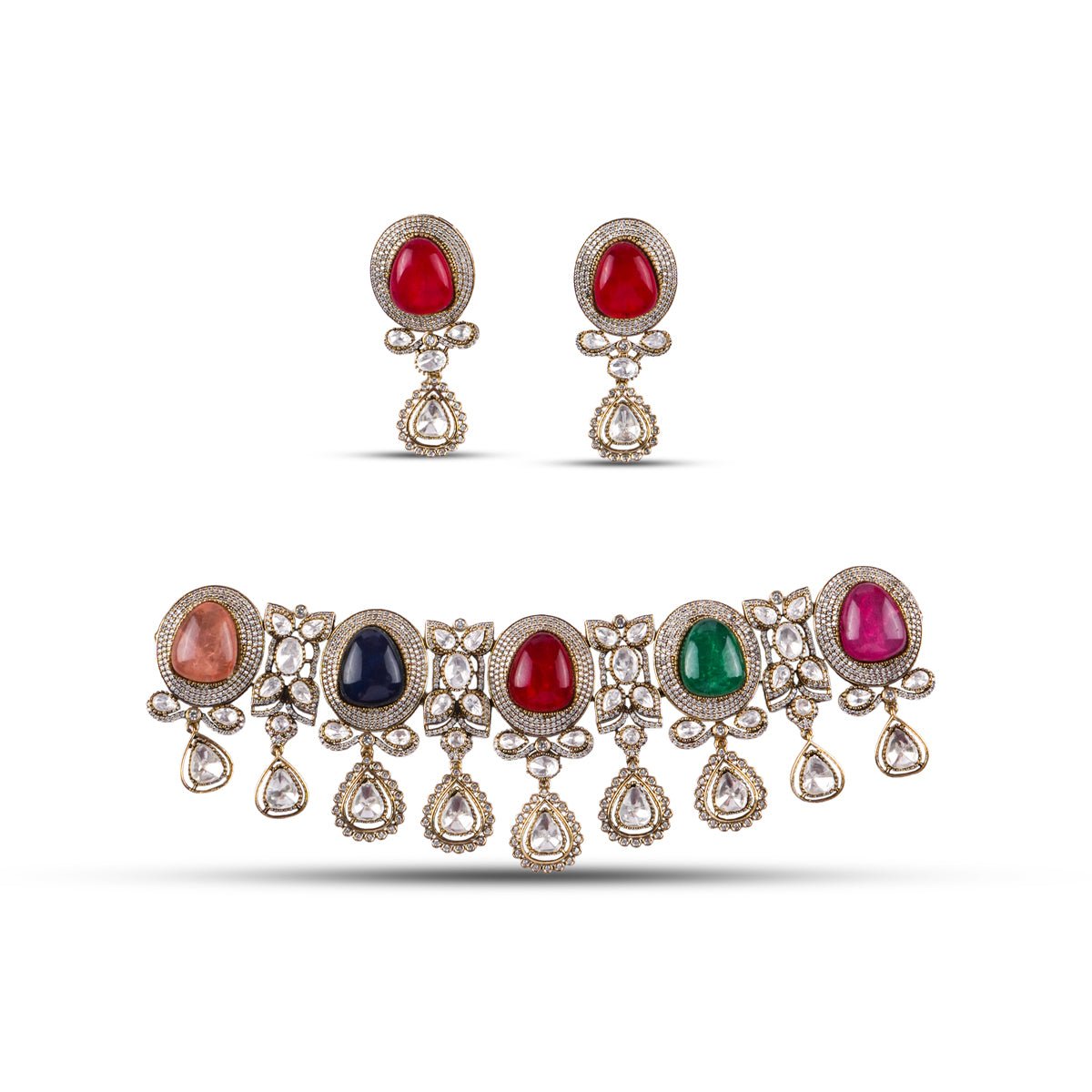 Navratna choker necklace set featuring nine gemstones in kundan setting with matching earrings – handcrafted royal jewellery by Atelier Maharanibagh.