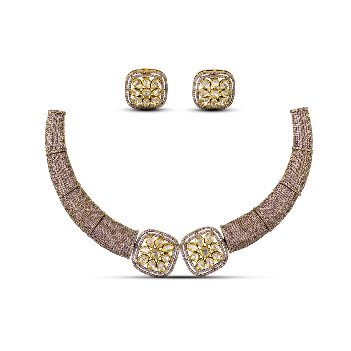 Gold kundan choker necklace set with square floral motifs and matching earrings – handcrafted luxury jewellery by Atelier Maharanibagh.